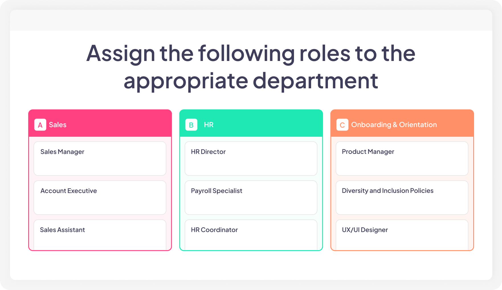 A categorising quiz in which the participants will sort items into their respective category