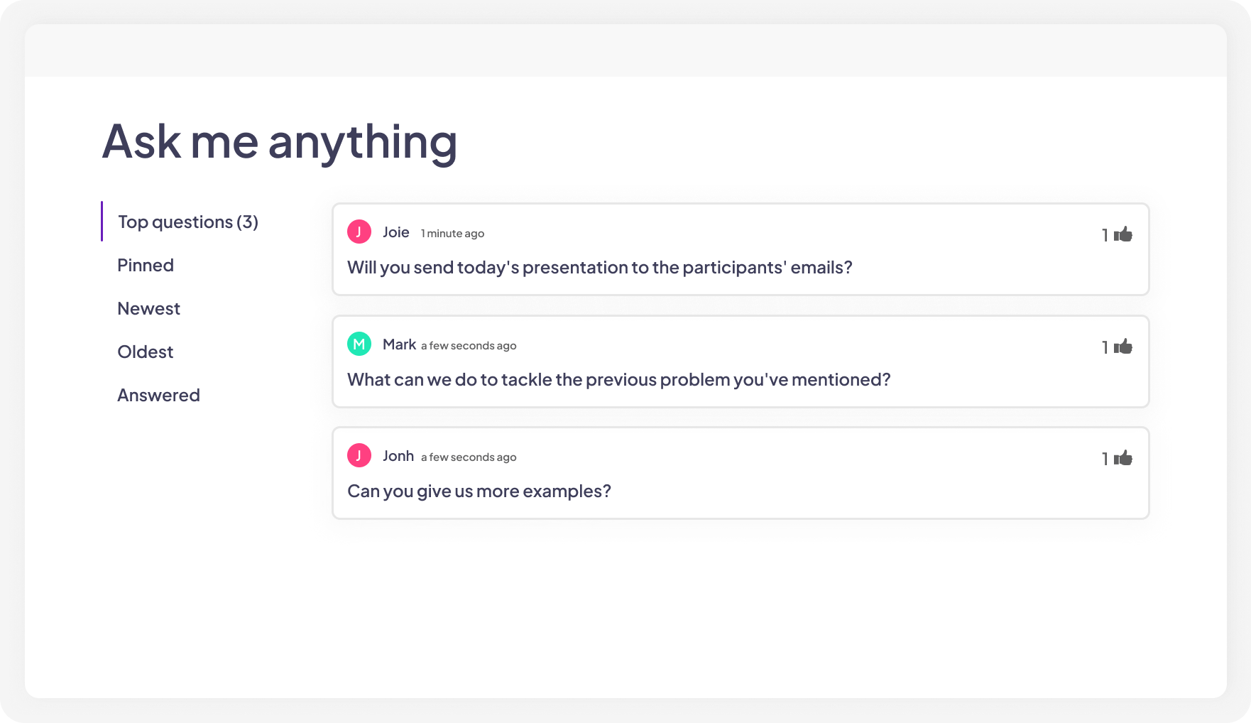 A Q&A slide in AhaSlides which allows speaker to ask and participants to answer in real time