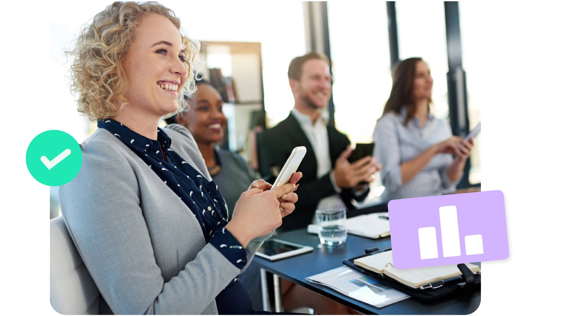 People participating in a quiz at a meeting, looking happy and cheerful