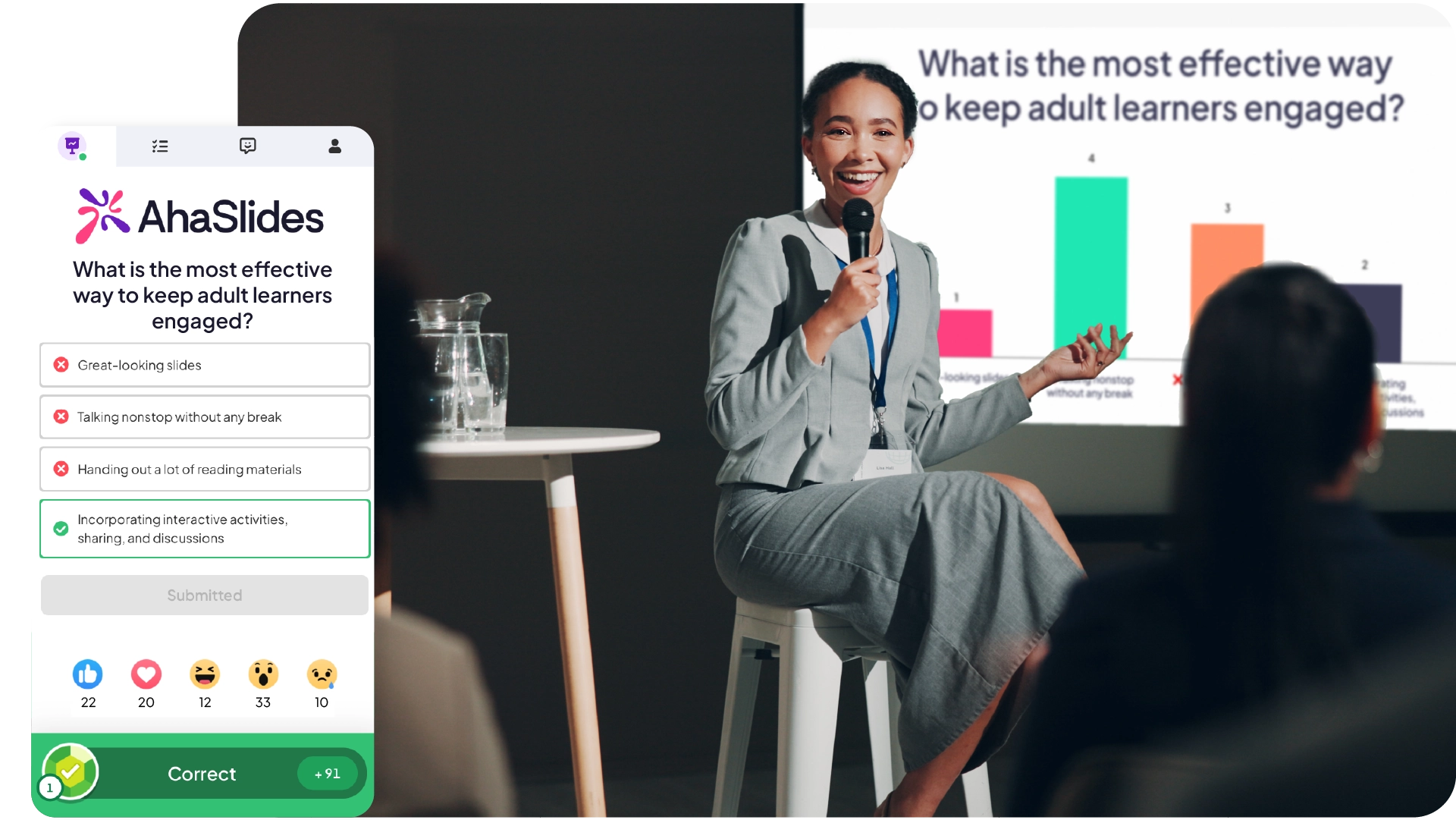 A speaker presenting to the crowd using AhaSlides interactive presentation platform