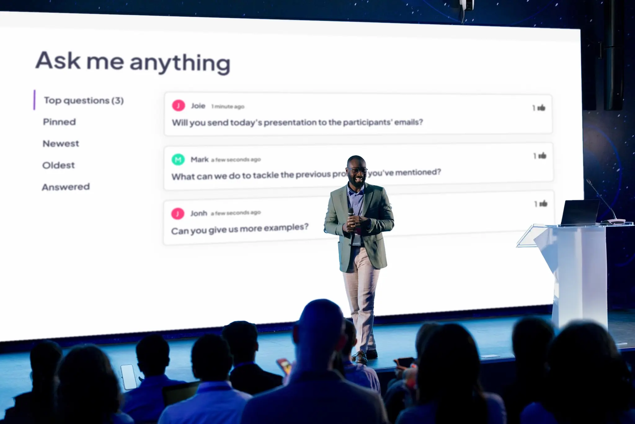 A Q&A slide in AhaSlides which allows speaker to ask and participants to answer in real time